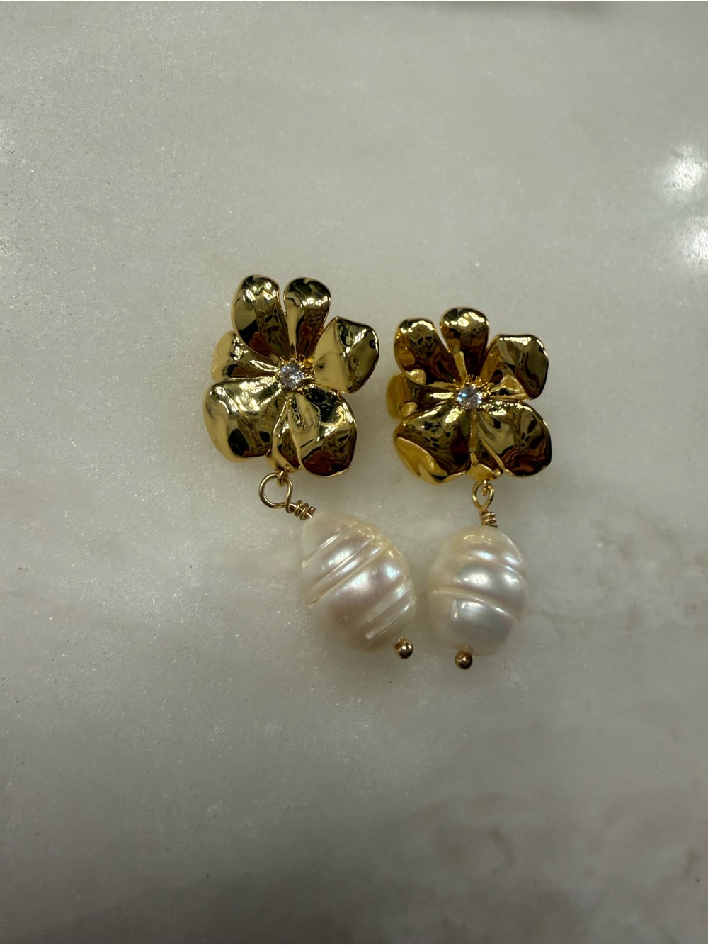 Gold Colored Floral Pearl Drop Earrings with White Baroque Pearls